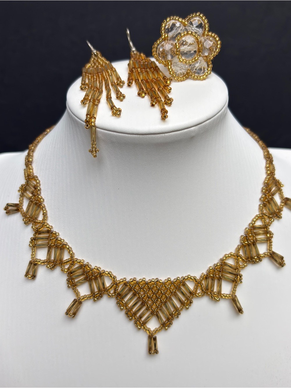 Whimsy Handcrafted Gold Seed Bead Necklace & Fringe Earring & Flower Ring Set